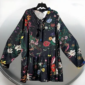 ELLOS Tunic Top Women Sz 28 Blue Floral Long Sleeve Neck Tie Ruffle Hem Boho Art - Picture 1 of 12