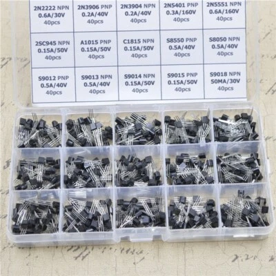 15Values 600pcs NPN PNP Transistor TO-92 Assortment Kit Box Set 2N2222 2N3904 - Image 1 of 4