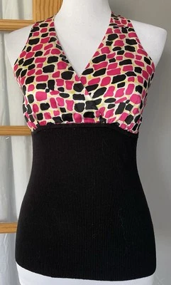 Top cuello halter mezcla seda Y2K INC talla S negro rosa abstracto corbata acanalada ropa de club nocturno Foto 1 de 4