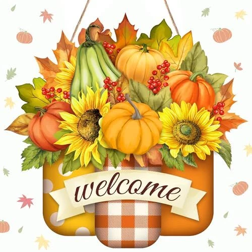 Pumpkin Welcome Door Sign Decor Hello Fall Door Sign Autumn 12inch Orange - Image 1 of 4