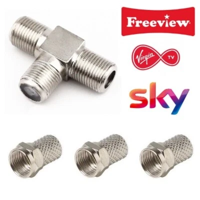 F Type Tee Junction Connector Splitter & 3 Plugs TV Virgin Cable Sky & Freeview - Image 1 of 4