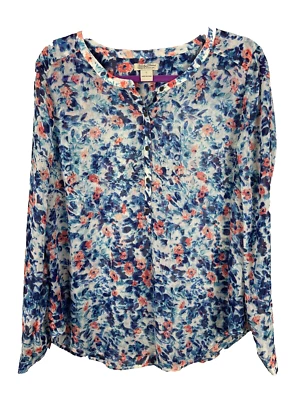 Lucky Brand Top Womens Large Blue Sheer Long Sleeve Floral Boho Cottagecore - Image 1 of 4