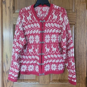 Vintage Sweater Knit Cardigan Silver Clasp Snowflakes Reindeer Red White M/Lg - Picture 1 of 5