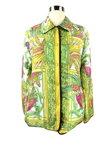 Alberto Makali 100% Silk Twill Quilted Jacket Coat Medium Green Gold Birds - Picture 1 of 6