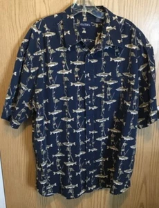 Men’s Size XL Puritan Fishing Shirt Short Sleeve Navy Blue Fish Rods Nets Bobber - Picture 1 of 3