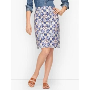 TALBOTS Skirt 4P Roxbury Medallion Canvas A-Line Side Zip Cotton Blend Blue NWOT - Picture 1 of 9