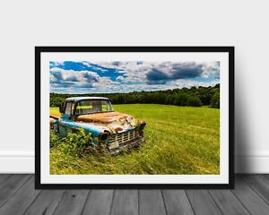 Abandoned blue chevy truck photography print rustic country landscape wall art