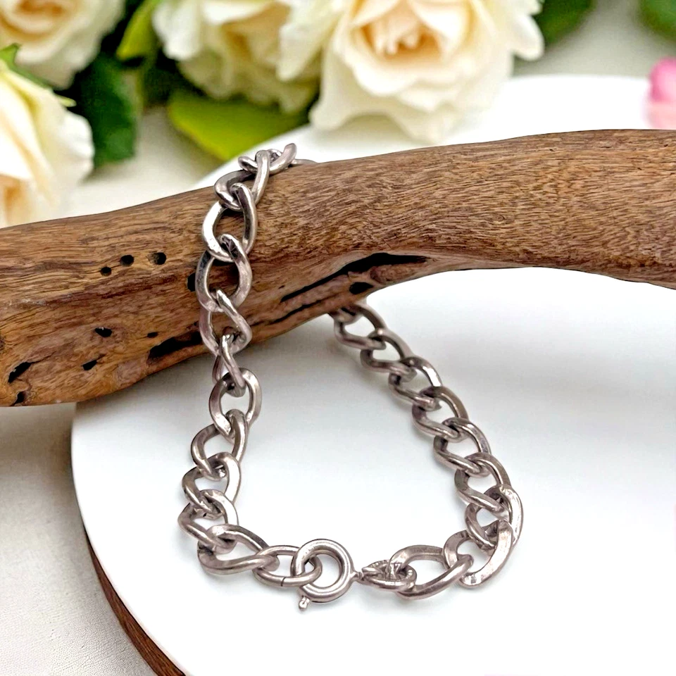 Коренастый браслет-цепочка из стерлингового серебра 925 пробы шириной 7 мм с кубинскими обочинами, 7 дюймов ~ 10,8 г - Изображение 1 из 4