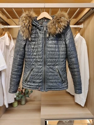 PETIT MANTEAU GRIS CHÊNE VESTE MOTARD RATON LAVEUR FOURRURE CUIR CAPUCHE THINSULATE FEMMES - Photo 1/4