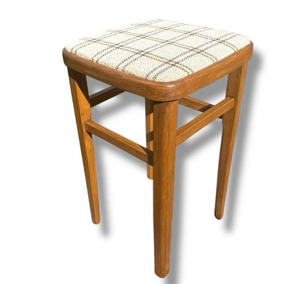 Single Vintage Retro Solid Wooden Mid Century Modern Fabric Kitchen Stool Seat - Image 1 of 4