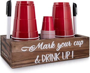 Brown Double Cup Holder with Marker Slot Rustic Farmhouse Organizer for Red Plas - Picture 1 of 12