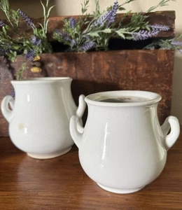 Antique Chunky Ironstone Jugs Utensils Holder Vase Handles Cream Jug Pair 2 Med - Picture 1 of 19