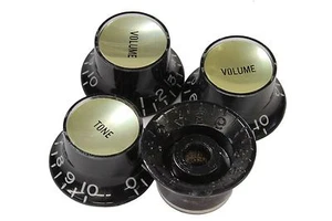 Bell Hat Knobs Black w/ Smooth Gold Reflectors US Fine Spine fits CTS pots - Picture 1 of 4