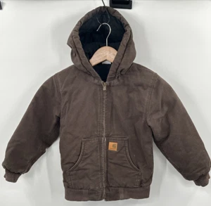 Carhartt Hooded Coat Jacket Black Duck Canvas Youth Small 7 Brown Quilted - Picture 1 of 6