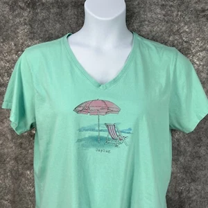 Life is Good Shirt Women XL Green All Cotton Crusher Tee Beach Chair Umbrella - Picture 1 of 14