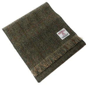 Harris Tweed Green Herringbone Scarf - Handmade Pure Wool, Unisex, Fringed - Picture 1 of 6