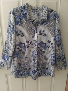 NWOT ROZ & ALI Large Button Up Blouse Adjustable Ruched 3/4 Sleeves Blue Floral - Picture 1 of 8