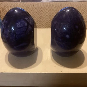 Carved Italy Purple Alabaster Egg Shaped Bookends - Original DUCCESCHI Sticker - Picture 1 of 7