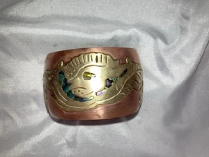 Vintage breites Kupfer Messing & Abalone Inlay ausgefallenes Fisch Armreif Armband Nachlass - Bild 1 von 14