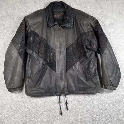 Jaqueta de couro vintage Winlit masculina média patchwork zíper completo casaco bombardeiro anos 90 - Imagem 1 de 4