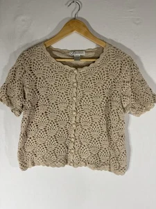 Dress Barn Tan Crocheted Button Lined Cardigan Crop Sz Large Y2k Cottage Core - Picture 1 of 9