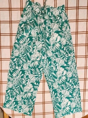 Pantalones tropicales recortados Nicole Miller 100 % lino pierna ancha cintura elástica verde talla M Foto 1 de 4