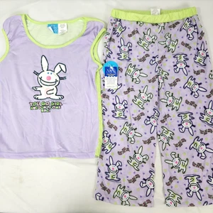 It's Happy Bunny Girl's Pajamas PJS Shirt Pants Purple Green NEW NOS Sz 10 - 12 - Picture 1 of 12