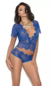 Eyelash Lace Cami Top Panty Set Short Sleeves Plunging Neckline Lingerie 3094 - Picture 1 of 3