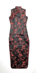 Y2K 2000s Mock Neck Satin Asian Floral Goth Grunge Slim Fit Pencil Midi Dress M - Picture 1 of 18