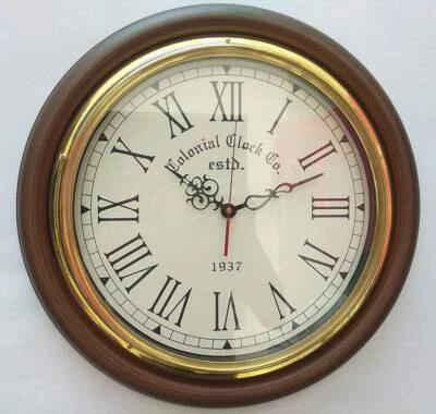 Antique Wooden 16 inch Finish Brass Wall Clock 1937 London home décor item  - Image 1 of 4
