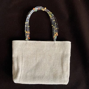 Vintage Linen Burlap Hand Bag/Purse, Ivory/Beige, With Colorful Beaded Handles - Picture 1 of 6
