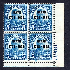 US 1928 5¢ "Hawaii" Stamp #648 Plate Block MH CV $200 - Picture 1 of 2