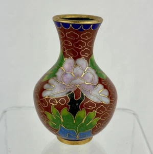 Vintage Cloisonne Miniature Small Vase Chinese Red Pink Peony Floral Dollhouse - Picture 1 of 7