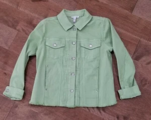 Denim & Co. Canyon Retreat Easy Stretch Fray Hem Denim Jacket Sage Size Small - Picture 1 of 16