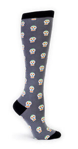 New Sock it to Me Knee High Socks Funky DAY OF THE DEAD Halloween Skulls grey