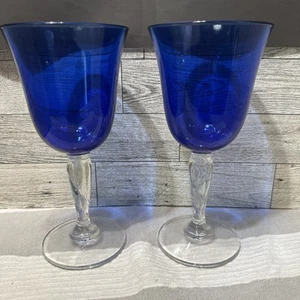 2 VINTAGE LUMINARC CRISTAL D'ARQUES DURAND COBALT WINE GOBLET TWISTED STEMS 7.5" - Picture 1 of 8