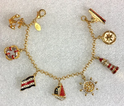 Gold Tone Nautical Rhinestone Enamel Charm Bracelet Patriotic American Flag 7872 - Image 1 of 4