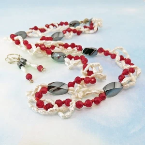 14k Gold and Ruby, Hematite, Fresh Water Pearl Bead Jewelry Set By SoniaMcD - Picture 1 of 13