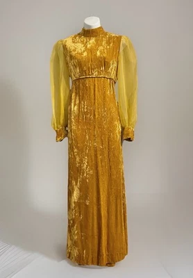 Maxi Vestido Vintage Hecho a Mano de Terciopelo XS/S Amarillo Transparente Mangas Largas Espalda Cintura Lazo Foto 1 de 4