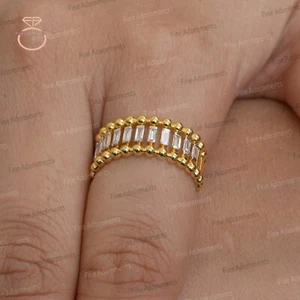 Solid 14K Yellow Gold Ball Ring Natural Baguette Diamond Eternity Wedding Ring - Picture 1 of 8