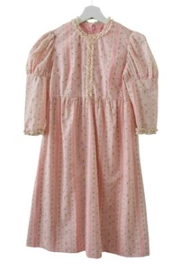 Vintage 70s Cottagecore Dress Pink Floral Mutton Puff Sleeve Girls Youth 32 Bust - Picture 1 of 4