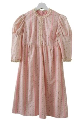Vintage 70s Cottagecore Dress Pink Floral Mutton Puff Sleeve Girls Youth 32 Bust - Image 1 of 4