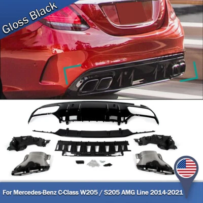 For Mercedes Benz C Class W205 Sedan Rear Bumper Diffuser W/ Black Exhaust Tips - Изображение 1 из 4