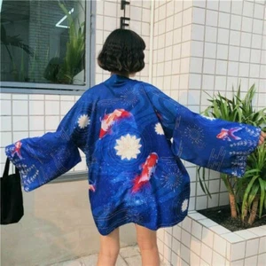 Women Japanese Kimono Jacket Coat Loose Vintage Cardigan Outwear Top Yukata Fish - Picture 1 of 3