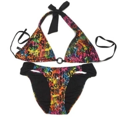 XOXO leopard print rainbow neon bikini swim suit adjustable Liisa Frank style S - Изображение 1 из 4