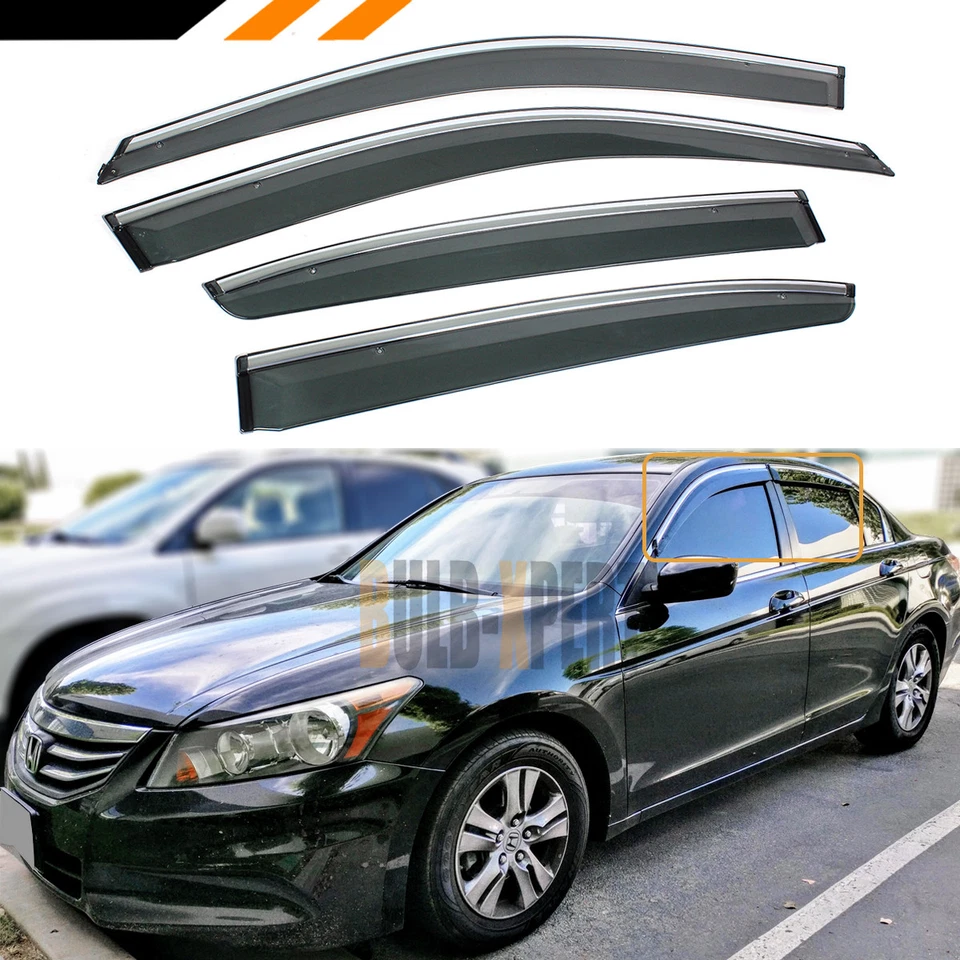 PARA 08-12 HONDA ACUERDO 4 PUERTAS CROMO MOLDURA CLIP EN VENTANA VISERA PROTECTOR DE LLUVIA DEFLECTOR Foto 1 de 4