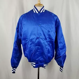 Vintage Don Alleson Bomber Jacket Large Blue Satin Lined Snaps Deadstock, 80s - Picture 1 of 9