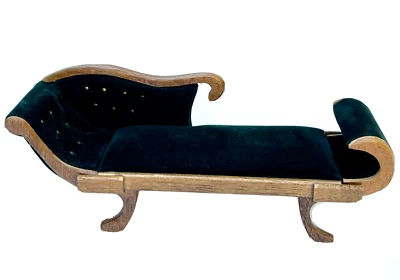 Sofá chaise cama de día de terciopelo verde oscuro muebles miniatura vintage para casa de muñecas 1:12 Foto 1 de 4