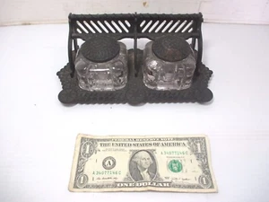Vtg. Large Cast Iron Inkwell Set with 2 Glass Ink Wells on Cast Iron Base & Lids - Picture 1 of 12