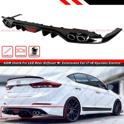 FOR 17-18 HYUNDAI ELANTRA KDM GLOSS BLACK LED REAR BUMPER DIFFUSER W/ EXTENSIONS - Image 1 of 4